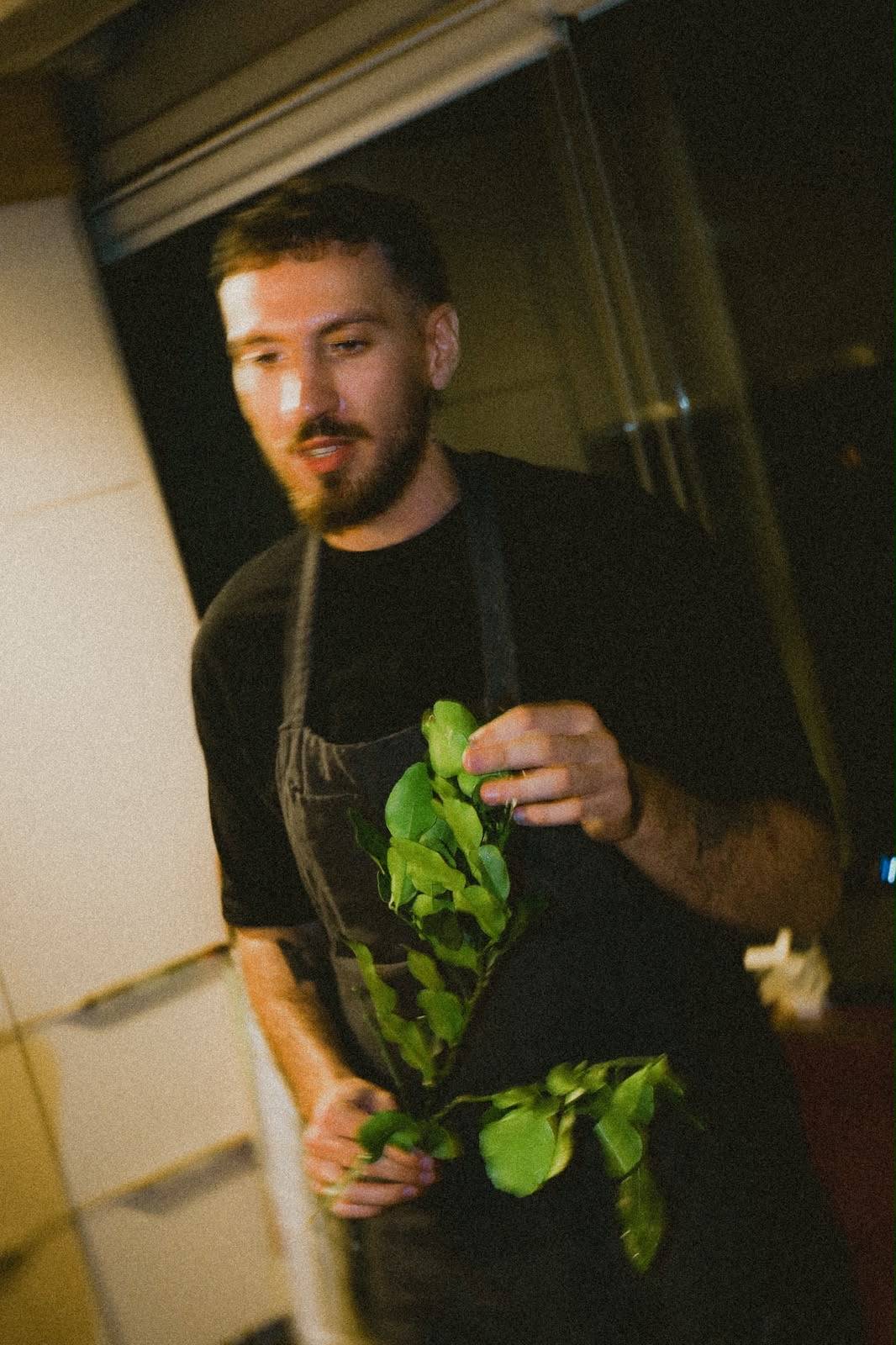 Giuseppe selecting fresh kaffir lime leaves
